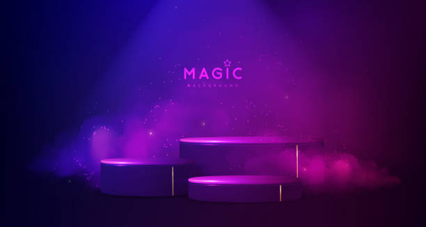 istock Magic violet showcase background with 3d podium and purpure fog or steam. Glowing shiny trail. Vector illustration 1907185286