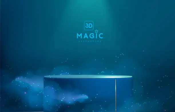 Vector illustration of Magic blue showcase background with 3d podium and blue fog or steam. Glowing shiny trail. Vector illustration