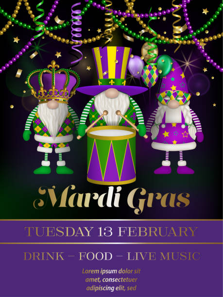 mardi gras party poster. mardi gras background with funny gnomes, confetti and streamers mardi gras party poster. mardi gras background with funny gnomes, confetti and streamers vector mardi gras flyer stock illustrations