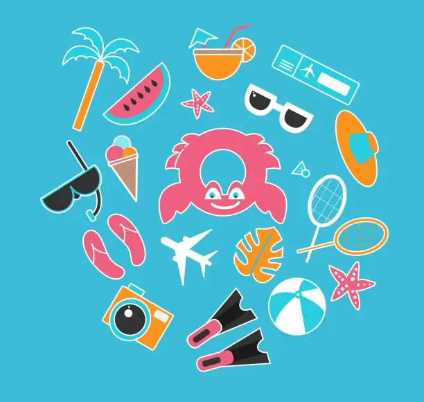 Vector illustration of Summer travel set of elements on blue background snorkel mask, ball, ice cream, flippers, hat, sun glasses, flight tickets