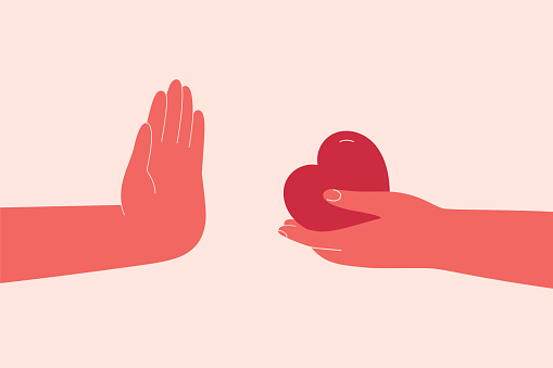 Person not allowing to show care for him. Human hand refuses love and help hand. Character avoidant and dismissive of support from people. Mental health vector illustration