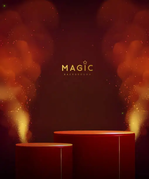 Vector illustration of Magic red showcase background with 3d podium and golden fog or steam. Glowing shiny trail. Vector illustration