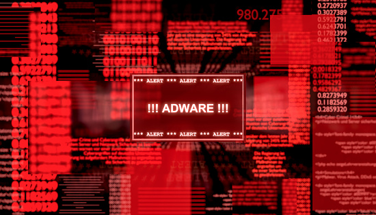 Adware alert, warning sign on screen. System message, cyber crime, hacking, threat, network security, computer virus.