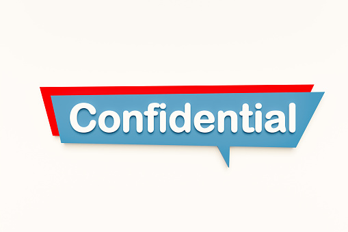 Confidential, colored cartoon speech bubble, white text. Investigation, classified, keep locked, document. 3D illustration