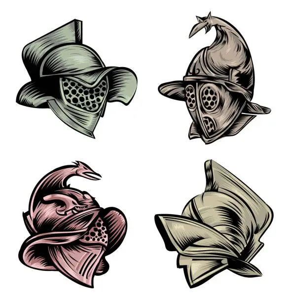 Vector illustration of Roman gladiator armour helmets set . hand drawn, vector illustration