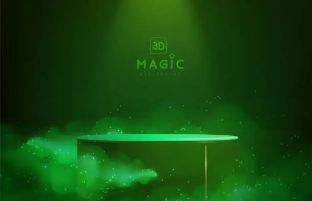 Vector illustration of Magic green showcase background with 3d podium and green fog or steam. Glowing shiny trail. Vector illustration