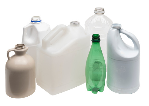 A selection of various sized and types of plastic jugs suitable for recycling. Includes clipping path