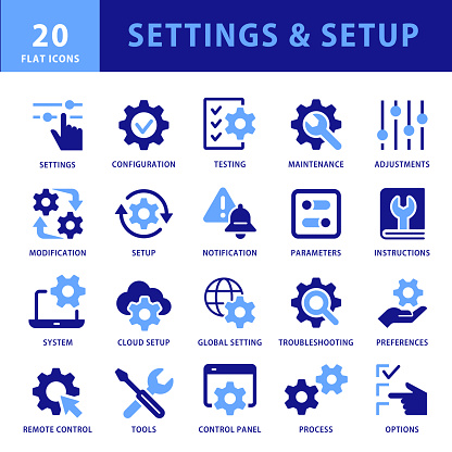 Setting and Setup Dual Color Flat Icons. Containing Settings, Configuration, Testing, Adjustment solid icons concepts. Vector illustration. For website, brochure, logo, app, template, ui designs, etc