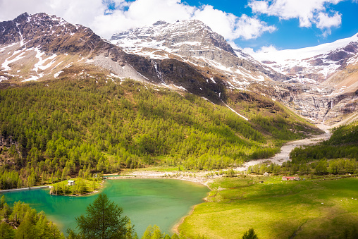 Green mountain valley with a lake and snow covered peaks in Switzerland
