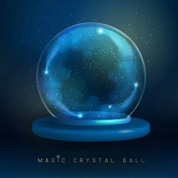 Vector illustration of Magic crystal glass ball with flowing blue glittering smoke or steam inside. Vector illustration