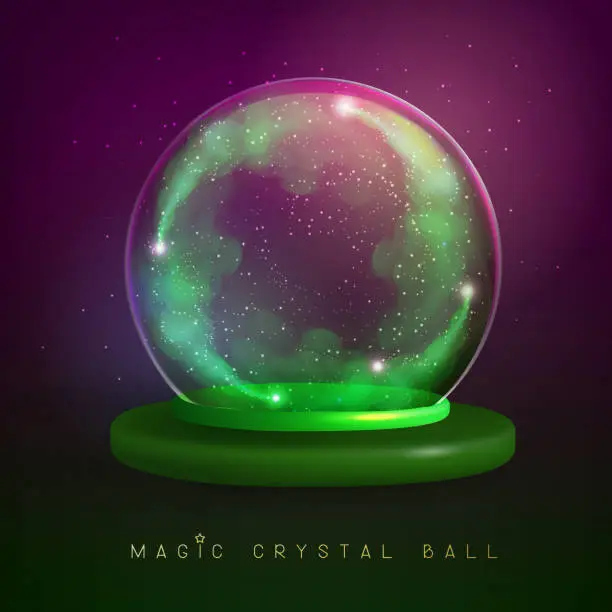 Vector illustration of Magic crystal glass ball with flowing green glittering smoke or steam inside. Vector illustration