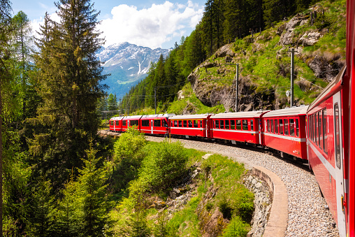 Red train moving in beautiful summer forest in Switzerland