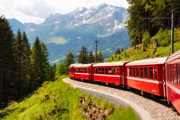 istock Red train moving in beautiful green summer forest in Switzerland 1907258555