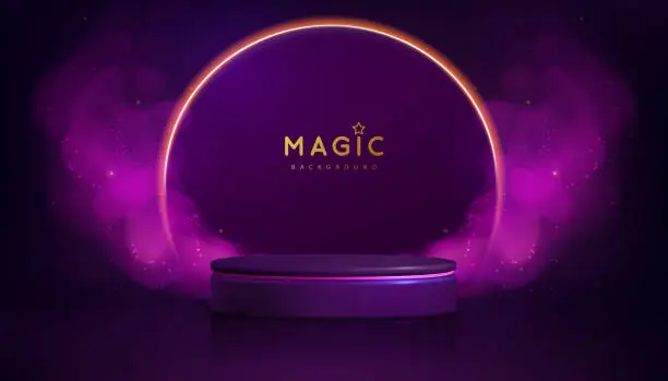 Vector illustration of Magic violet showcase background with 3d podium and purpure fog or steam. Glowing shiny trail. Vector illustration
