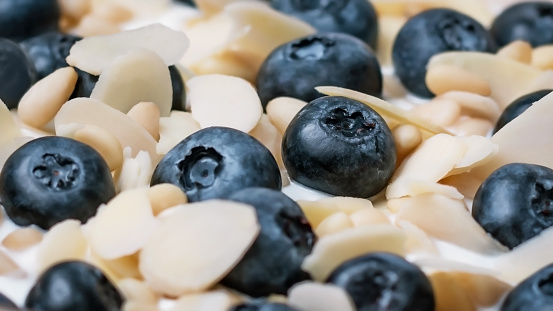 Fresh blueberries, almond petals, pine nuts in yogurt, close up.