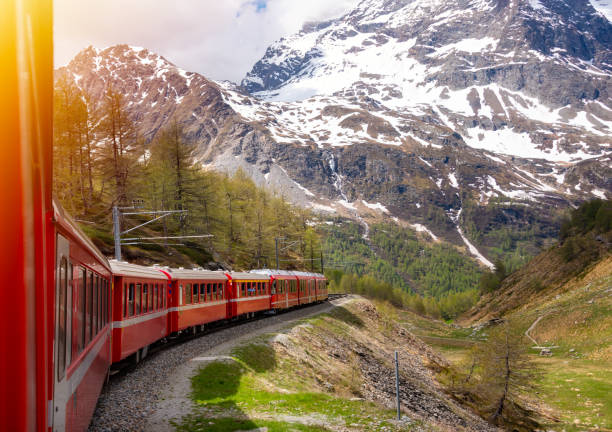 istock Red train moving in beautiful green summer forest in Switzerland 1907263863