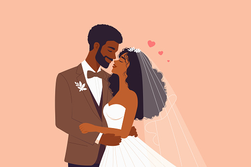african american bride and groom are kissing,husband and wife in wedding attire on wedding day,concept of couple married for Valentine, Love Day, or celebration of love,vector lover illustrations.