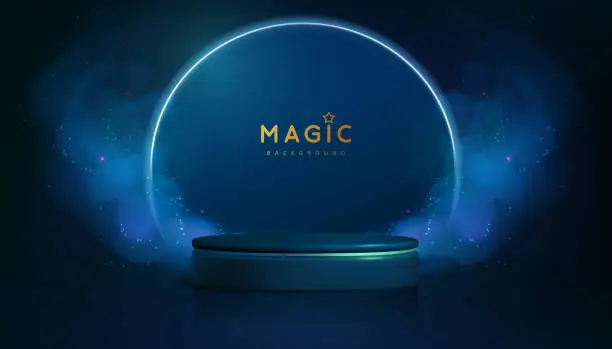 Vector illustration of Magic blue showcase background with 3d podium and blue fog or steam. Glowing shiny trail. Vector illustration