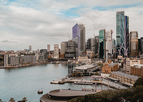 Aerial view of Circular Quay, Cahill Expressway and city of Sydney, full frame horizontal composition