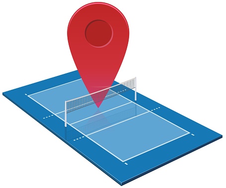 3D volleyball court with a red location marker placed behind the net