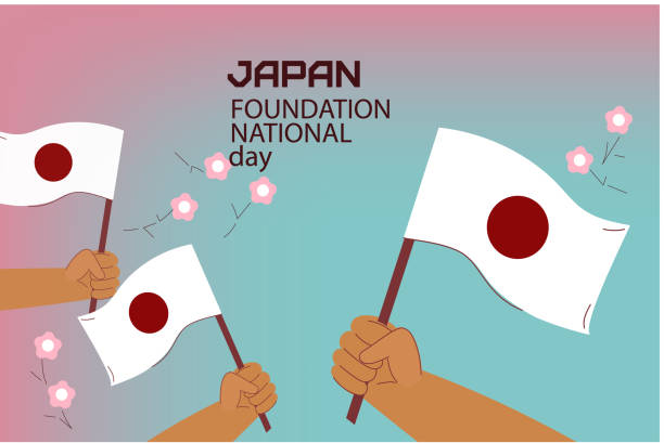 illustrations, cliparts, dessins animés et icônes de joyeuse journée nationale de la fondation japonaise. l’homme tenant le drapeau national du japon. illustration vectorielle dans le style doodle plat - independence day national holiday people in the background eastern europe