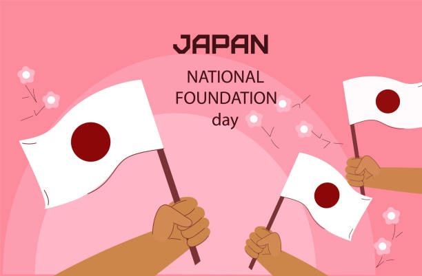 illustrations, cliparts, dessins animés et icônes de joyeuse journée nationale de la fondation japonaise. l’homme tenant le drapeau national du japon. illustration vectorielle dans le style doodle plat - independence day national holiday people in the background eastern europe