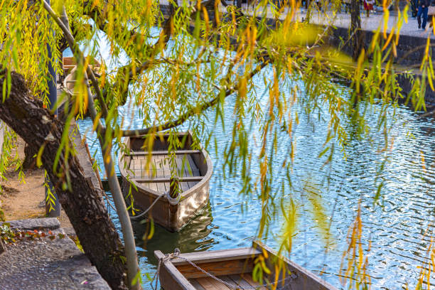 Traditional wooden boat docked on the river bank with willow trees. Kurashiki River, Okayama, Japan