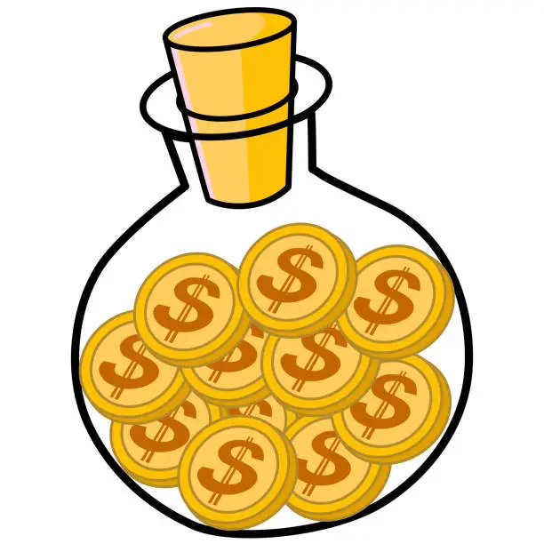 Vector illustration of Gold coins in glass bottle, investing fund savings. vector illustration,  bank cash savingcoins concept