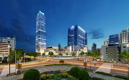 3d render building exterior shopping mall skyscrapers at night