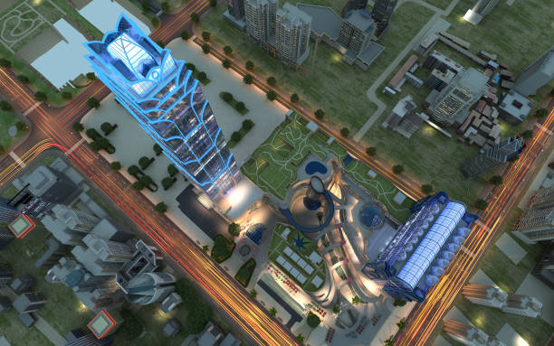 istock 3d render building exterior shopping mall skyscrapers at night 1907335577