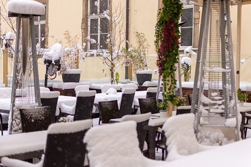 Terrace with heavy snow in the centre of Prague