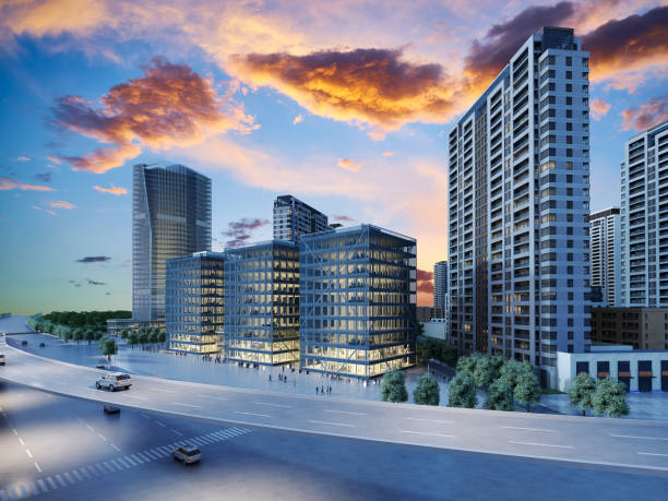 istock 3d render building exterior shopping mall skyscrapers at night 1907337253