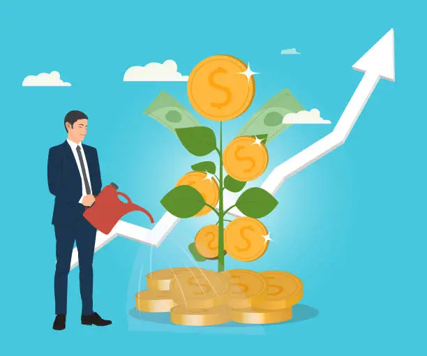 Vector illustration of Businessman is watering the money tree to make the tree grow. Vector illustration, financial growth concept, finance or investment.