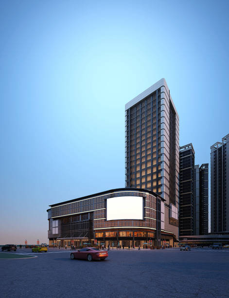 istock 3d render building exterior shopping mall skyscrapers at night 1907342014