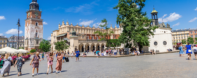 Krakow, Poland - July 18, 2023: Cityscape with main square Rynek Glowny of Krakow Malopolska region in Poland