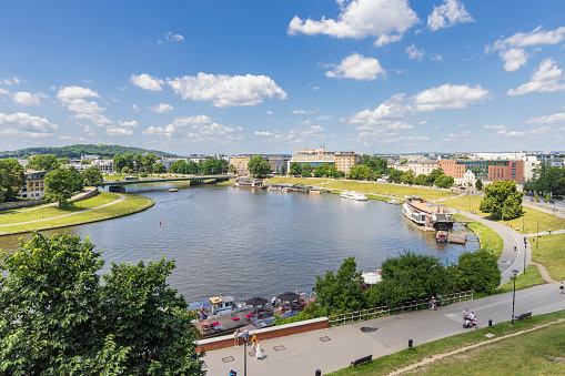 Krakow, Poland - July 18, 2023: View from Royal Wawel castle at Vistual river in Krakow Malopolska region in Poland