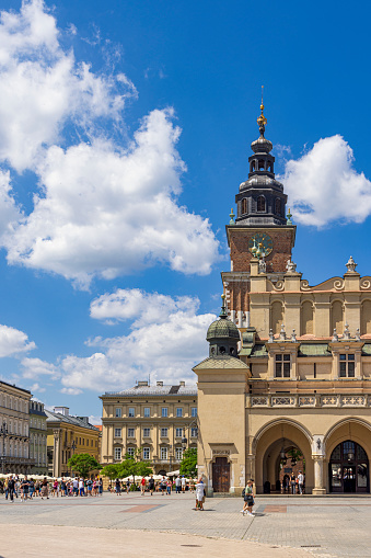 Krakow, Poland - July 18, 2023: Cityscape with main square Rynek Glowny and St. Mary's Basilica of Krakow Malopolska region in Poland