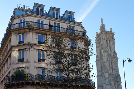Low angle view of a traditional apartment building in Paris