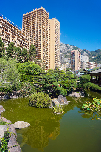 Japanese Garden and modern buildings in Monaco.