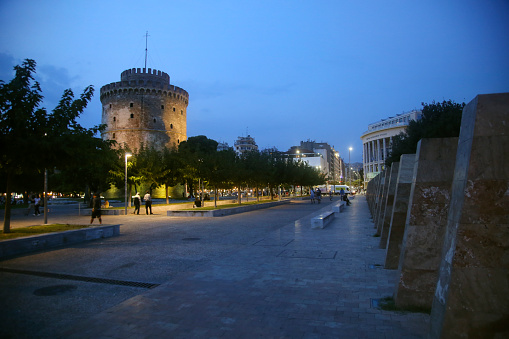 White Tower at night in Thessaloniki, Greece.