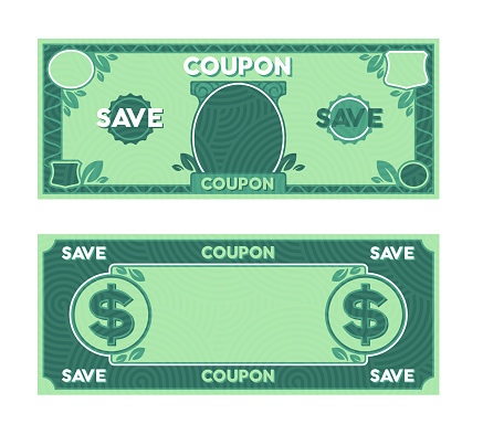 Coupon discount savings money dollar paper money bill special offer savings concept. Both front and back designs included with space for your content or copy.