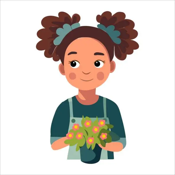 Vector illustration of young woman takes care of the flowers planted in different shaped pots. Hobby is taking care of indoor plants. The girl takes care of the home garden. Vector illustration.