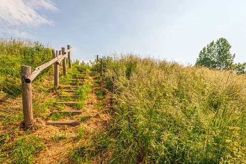 Simple stairs with wooden railing in a Dutch nature reserve. The photo was taken on a sunny day in the spring season. Some of the grass has yellowed due to the drought.