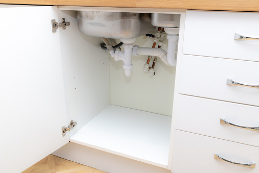 Empty space under the sink in a domestic kitchen