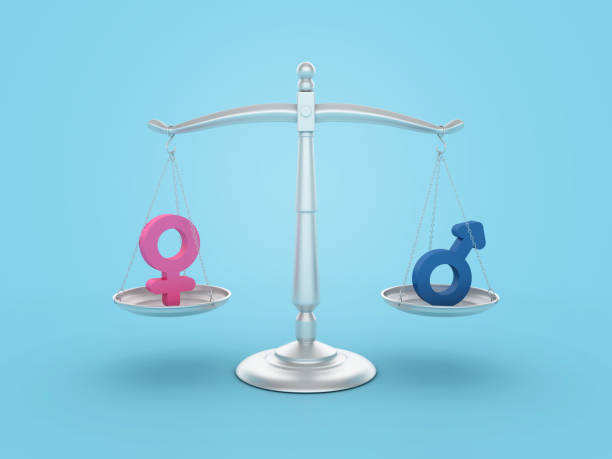 легальные весы с гендерными символами - gender symbol scales of justice weight scale imbalance стоковые фото и изображения