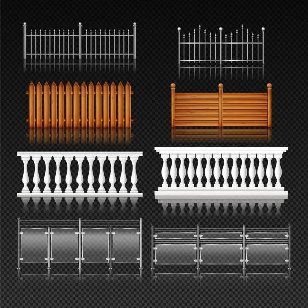 Vector illustration of Balcony rail. Glass or wooden stairs handrails. Iron fence with banister and baluster. Door metal or stainless safety balustrade. Architecture elements. Vector realistic enclosures set