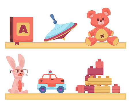 Cute toys. Cartoon playthings for children. Colorful balloons and plush animals. Whirligigs or machines on shelves. Primer book for learning alphabet. Construction blocks. Vector playroom elements set