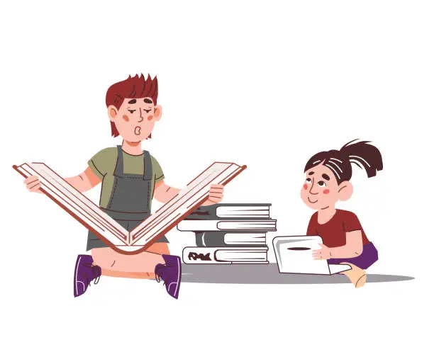 Vector illustration of A boy and a girl read books, develop and love to learn isolated vector illustration.