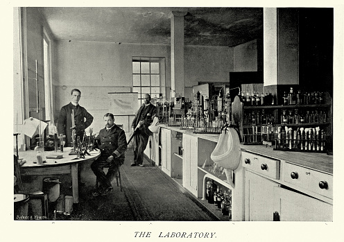 Vintage picture History of Healthcare, Doctors in Medical laboratory of Royal Naval Hospital Haslar, Gosport, Hampshire, 1890s