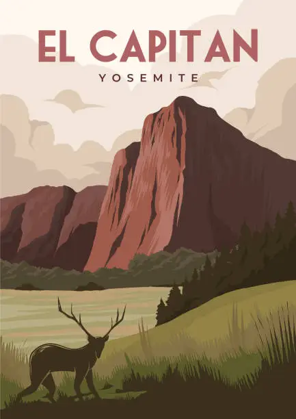 Vector illustration of El Capitan Yosemite National Park Vintage Poster. Travel Poster of Yosemite National Park with deer element